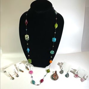 Fun jewelry assortment - 4 pair earrings, sparkly necklace and glass pendant